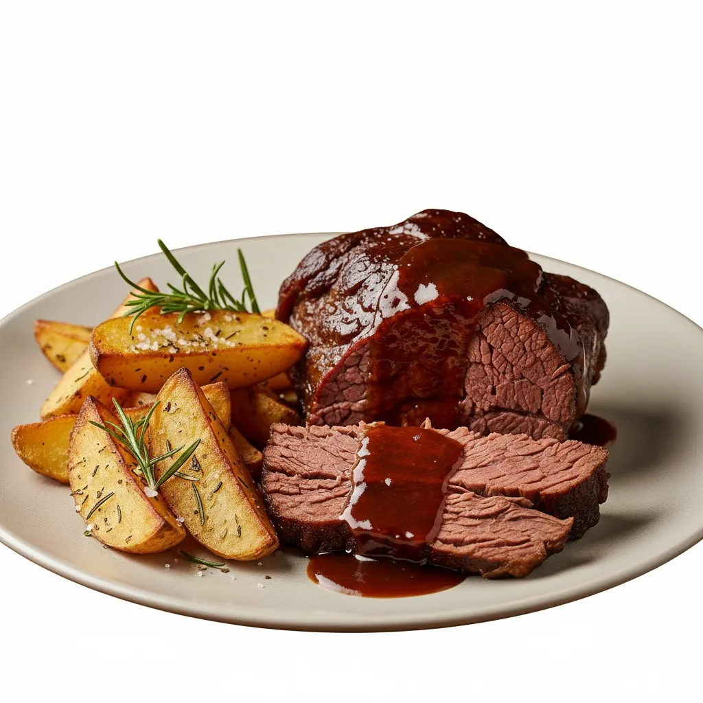 Tapa de asado a la cerveza con salsa demiglase, guarnición papas rusticas 